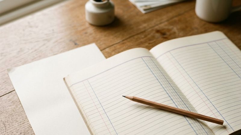 A printed tax statement beside a two-column ledger, with a pencil marking one row.