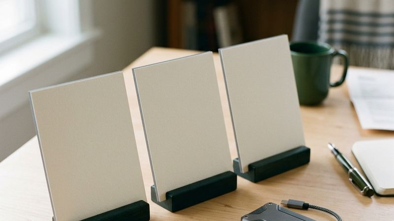 Three blank calendar cards beside a folded form and a hardware wallet.