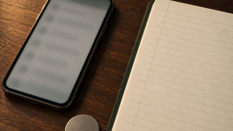A phone with an exchange report beside a ruled ledger page.