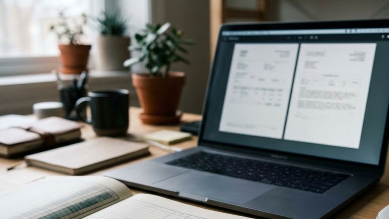 A laptop with two separate document tiles, a hardware wallet and a ledger.
