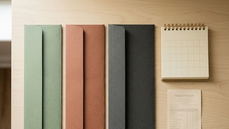 Three account folders lined up beside a desk calendar and a transaction slip.