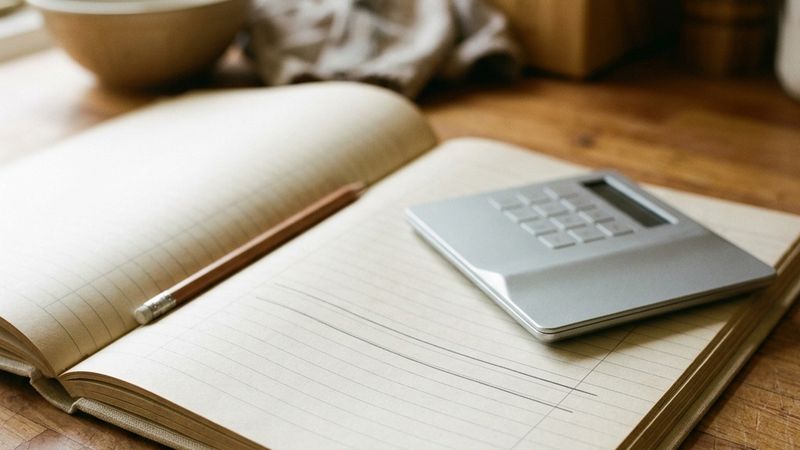 An open ledger with two underlined rows and a calculator on a kitchen counter.