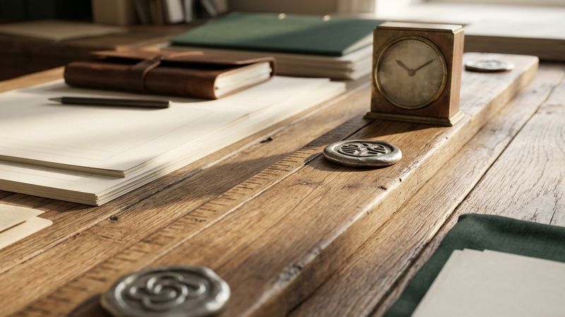 Two tokens at different points on a measuring rail beside a small clock.