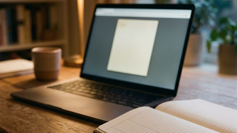 A laptop, an open ledger and a hardware wallet on a desk at dusk.