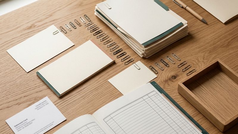 Two blank cards leading to different paper trays beside a statement and a ledger.