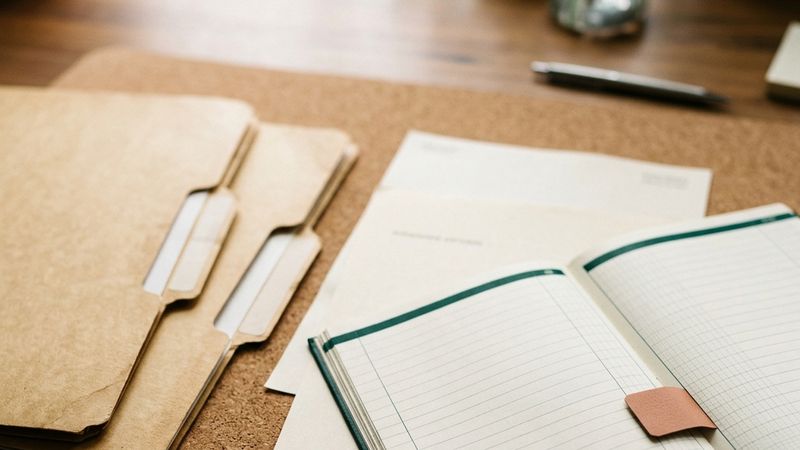 Two workflow folders beside a statement and a ledger with one flagged row.