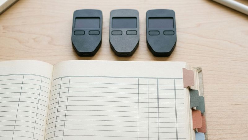 Three hardware wallets above a long ledger with colored divider tabs.