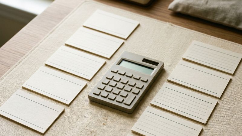 Paper lot cards arranged in two columns with a calculator between them.