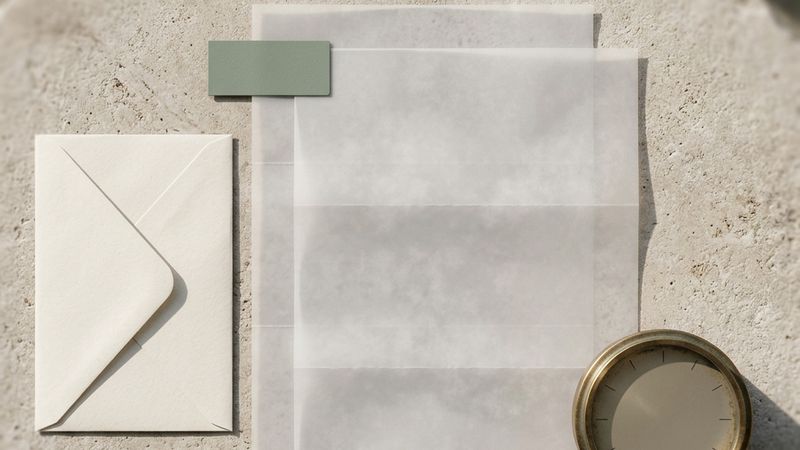 A cream envelope, two aligned record sheets and a small desk clock.
