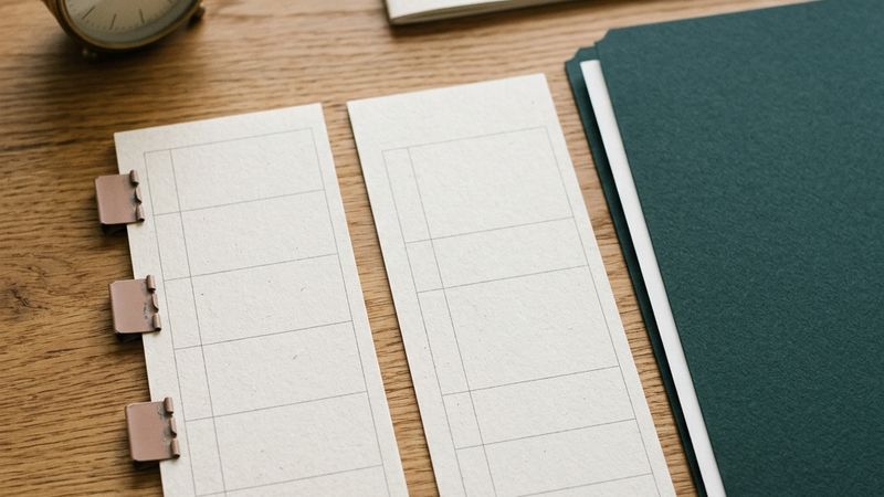 Two calendar strips, one with four tabs, beside a filing folder and a small clock.