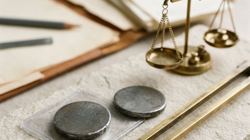 A token inside a clear sleeve beside rails leading to a balance scale.