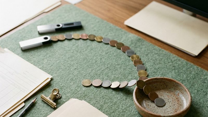 Two hardware wallets joined by a line of tokens, one token set aside in a dish.