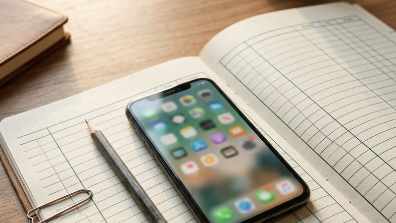A phone with a document folder on top of a printed transaction ledger.