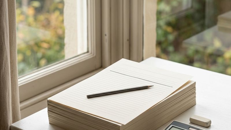 A stack of printed forms with a calculator and a worksheet on a clean desk.