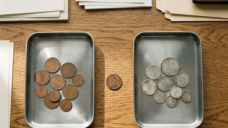 Two trays of copper and silver discs with one disc between them.