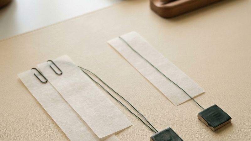 Three paper strips grouped two and one, threaded to two small tiles.