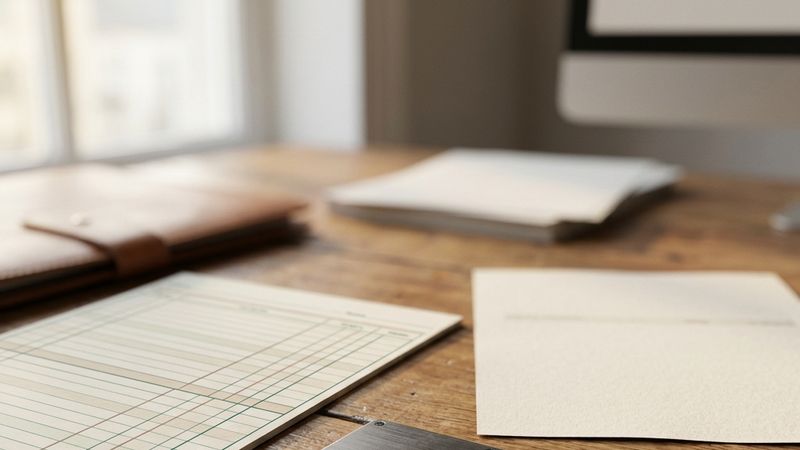 A hardware wallet in front of a ledger page and a blank statement.