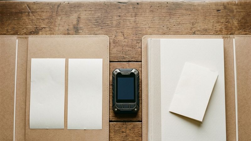 Two open document wallets with a hardware wallet between them.