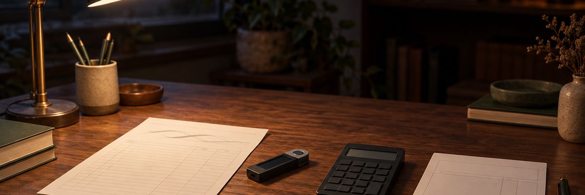 Transaction records, wallet and calculator laid out for a crypto tax review.