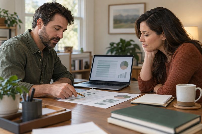 Two people reviewing transaction records alongside a laptop.