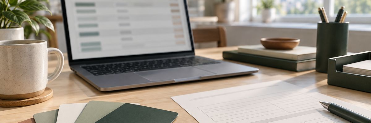 Laptop transaction records beside an unfilled tax form and account cards.