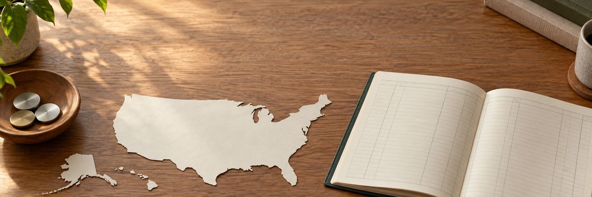 US map beside a ledger of crypto sale records.