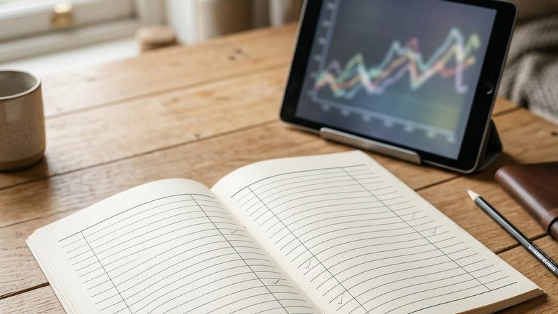 A paper ledger beside a tablet showing an abstract chart.