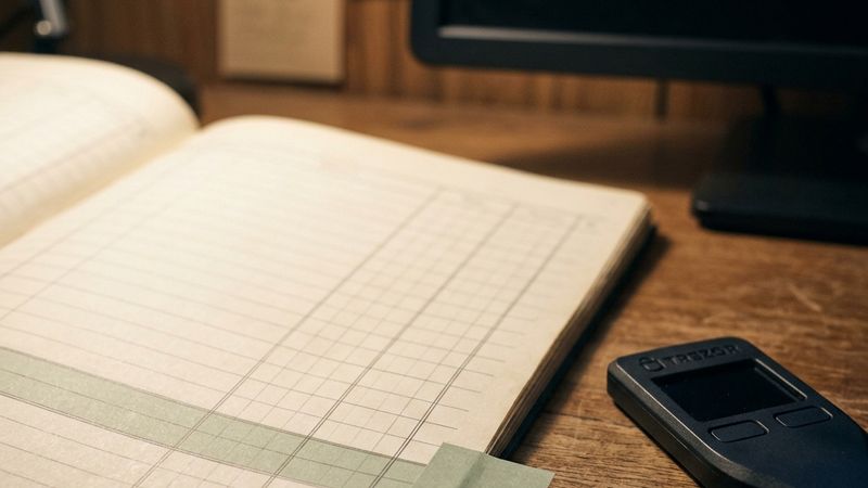 A ledger with one flagged row beside a hardware wallet and a monitor edge.