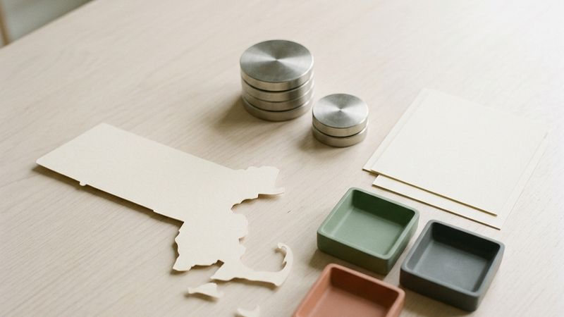 A Massachusetts outline beside two blank calendar cards and three income trays.