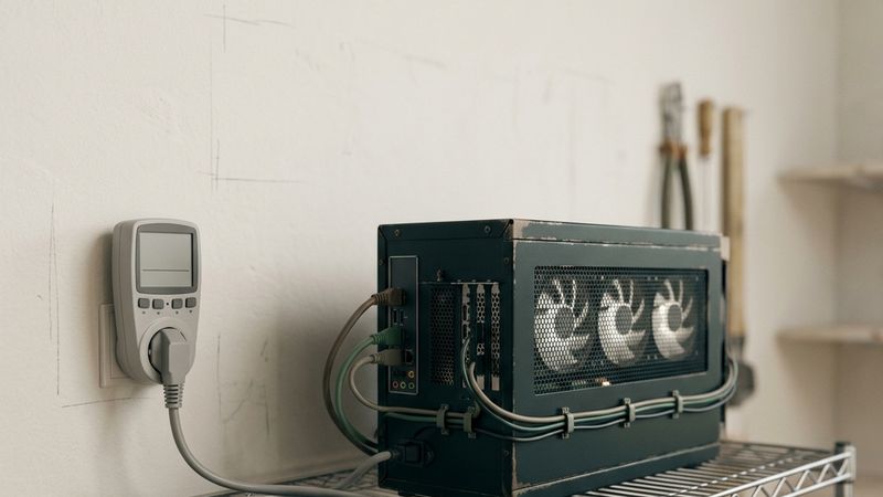 A compact home mining rig on a shelf connected to an electricity meter.