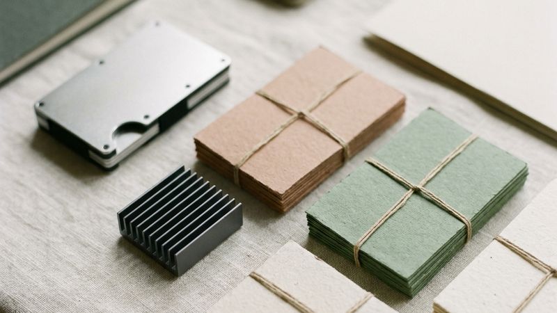 A hardware wallet, a heat sink and three stacks of cards tied by threads.