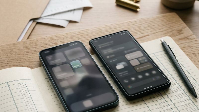 Two phones with different account screens above a ledger page.