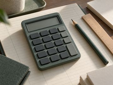 A desk calculator on a ledger page with a pencil and ruler.