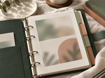 An open ring binder with colored tab dividers.