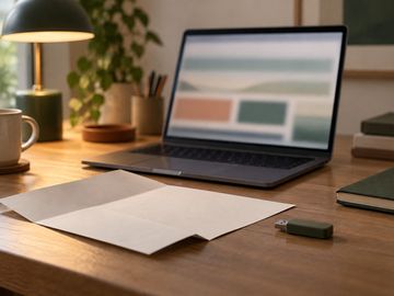 An open laptop with a paper printout and a USB drive.