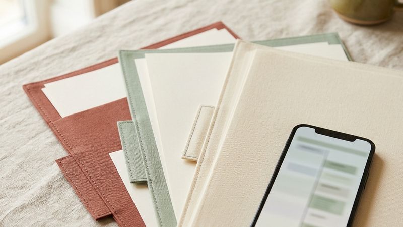Three colored document sleeves beside a phone with a transaction timeline.