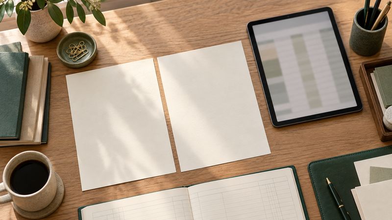 Two blank document sheets beside a tablet and transaction ledger.