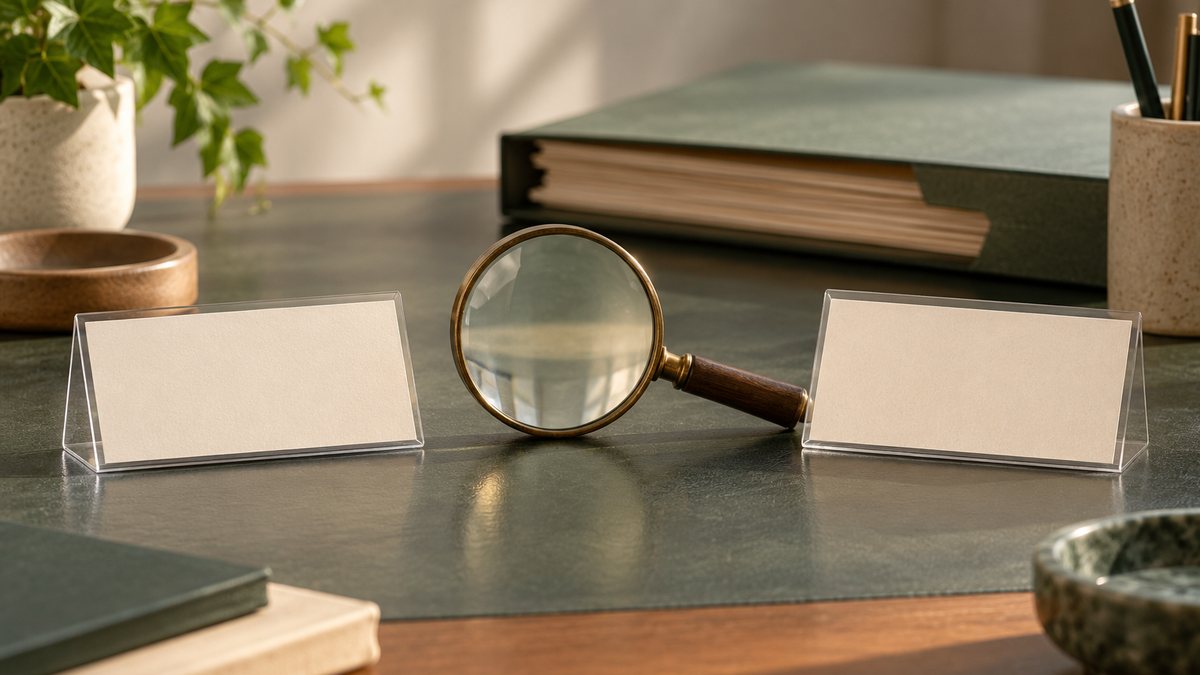 Similar blank identity cards in separate sleeves beside a magnifying glass.