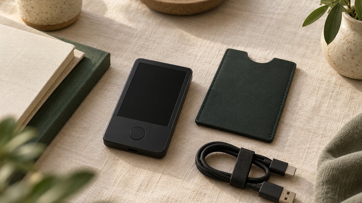 An illustrative hardware signer beside a backup sleeve and USB cable.