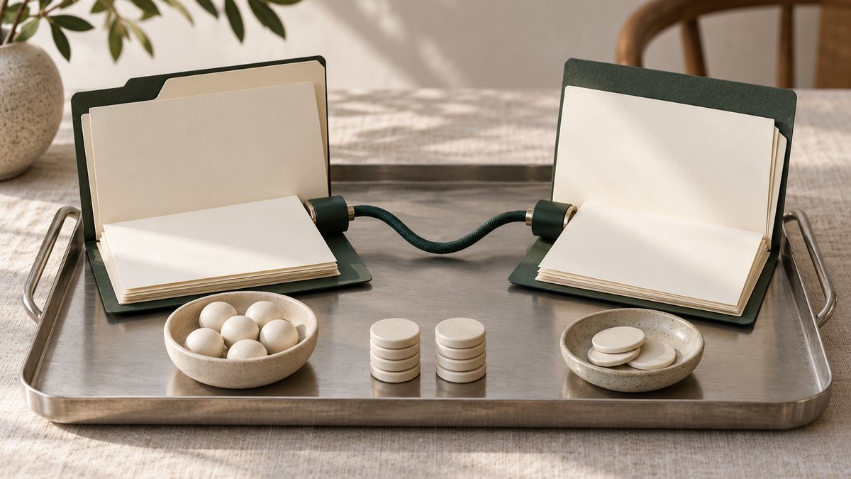 Two account folders and a connecting cable illustrating an exchange account transition.