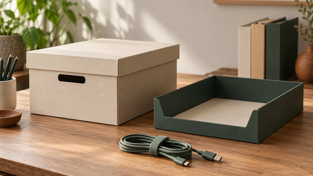 A records box and empty account tray beside a folded cable.