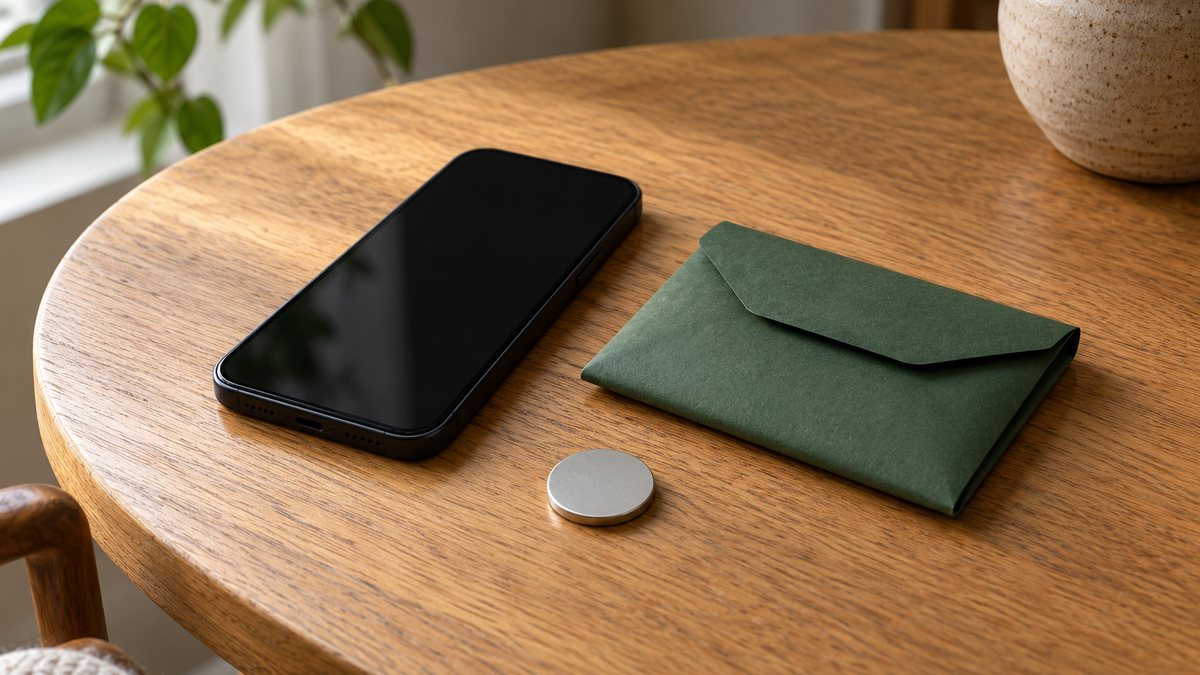 A blank phone, cash envelope and unmarked token.
