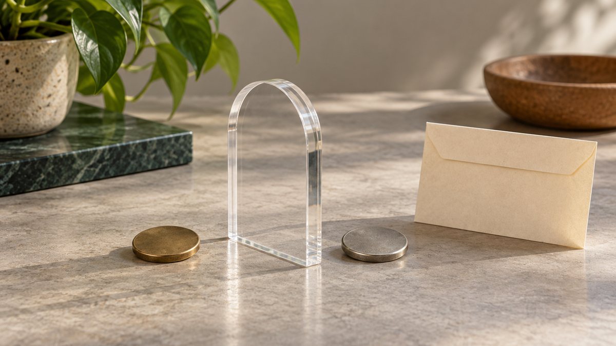 Two tokens separated by a clear divider beside an envelope.