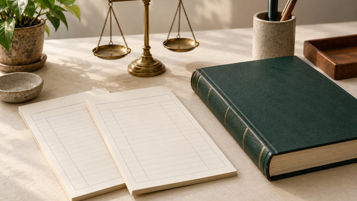 Blank purchase records beside a ledger and a balance scale.