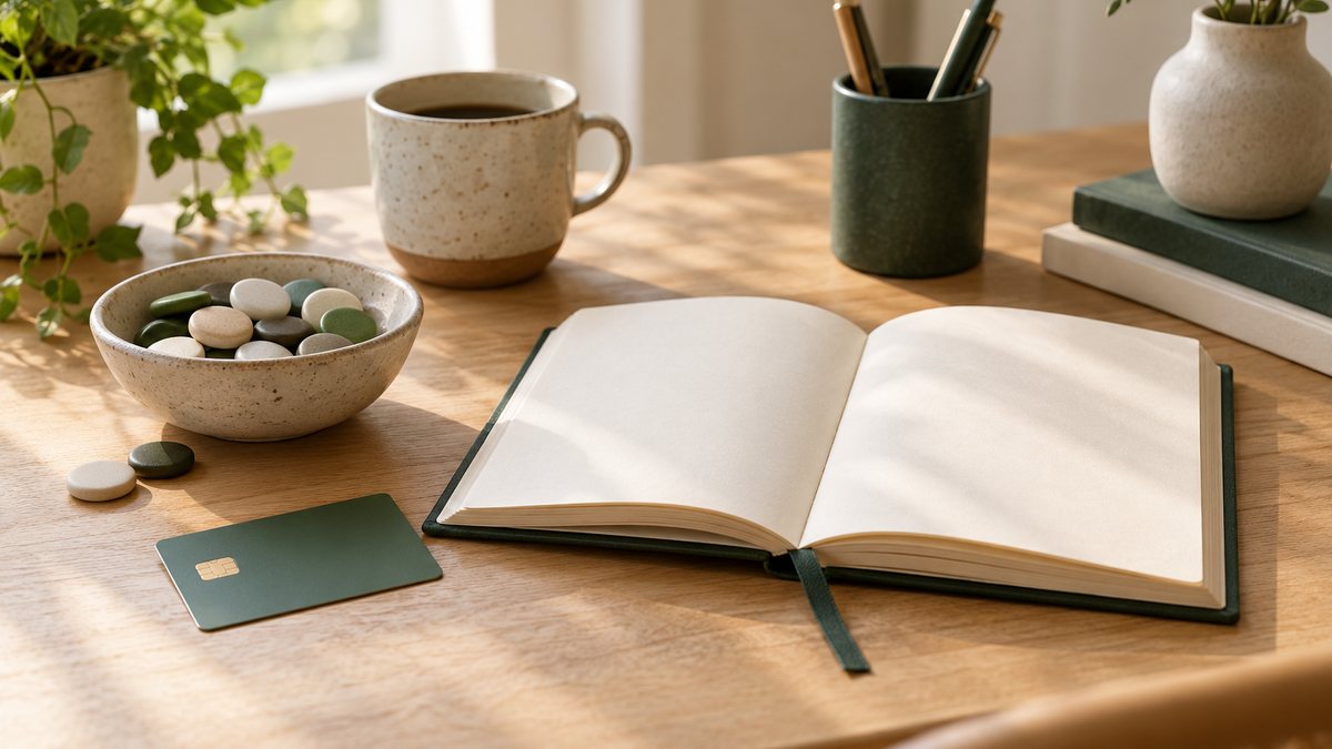 A ceramic bowl, blank payment card and open account record.