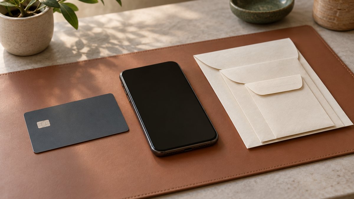 A blank payment card and phone beside receipt envelopes.