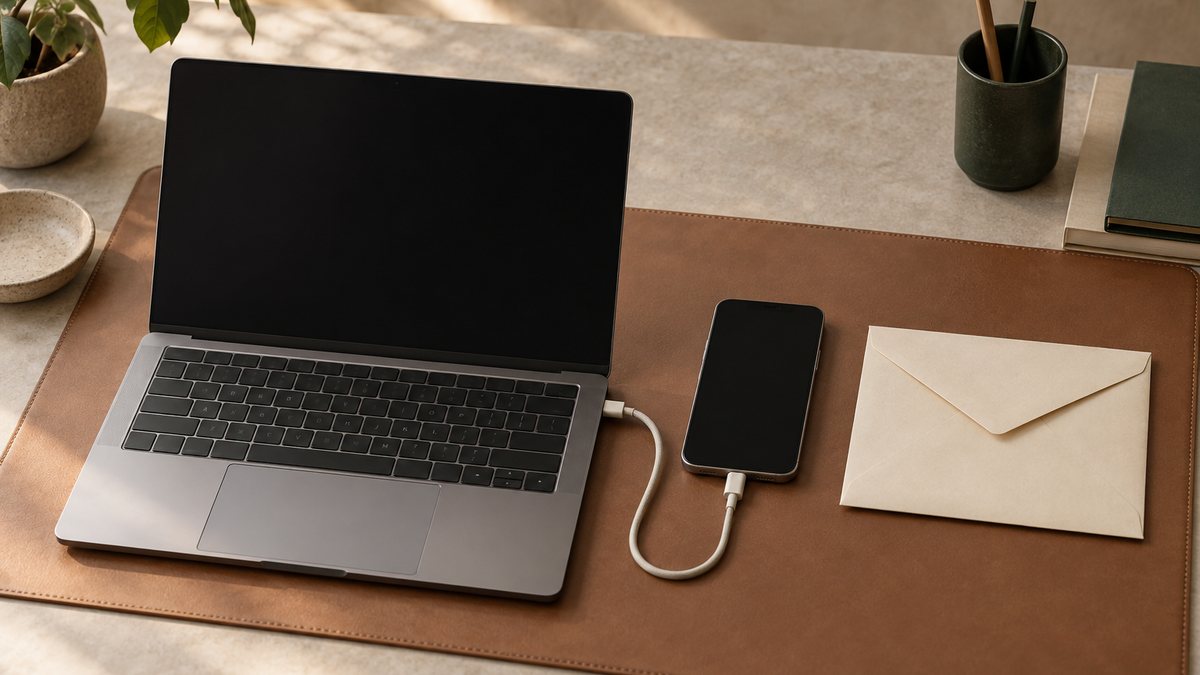 Blank laptop and phone beside a sealed backup envelope.