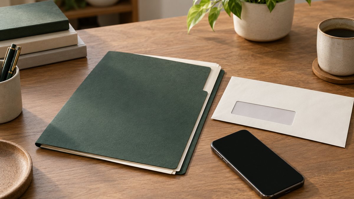 A blank alert folder, empty payment envelope and dark-screen phone.