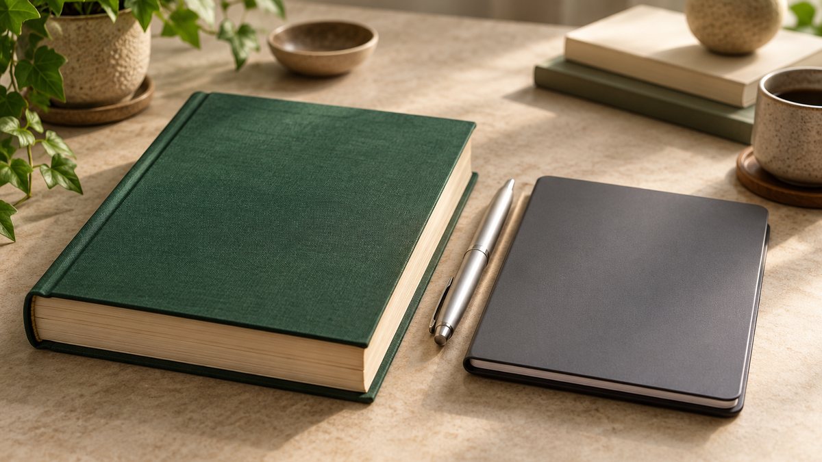 A traditional investment ledger beside a separate asset folder.