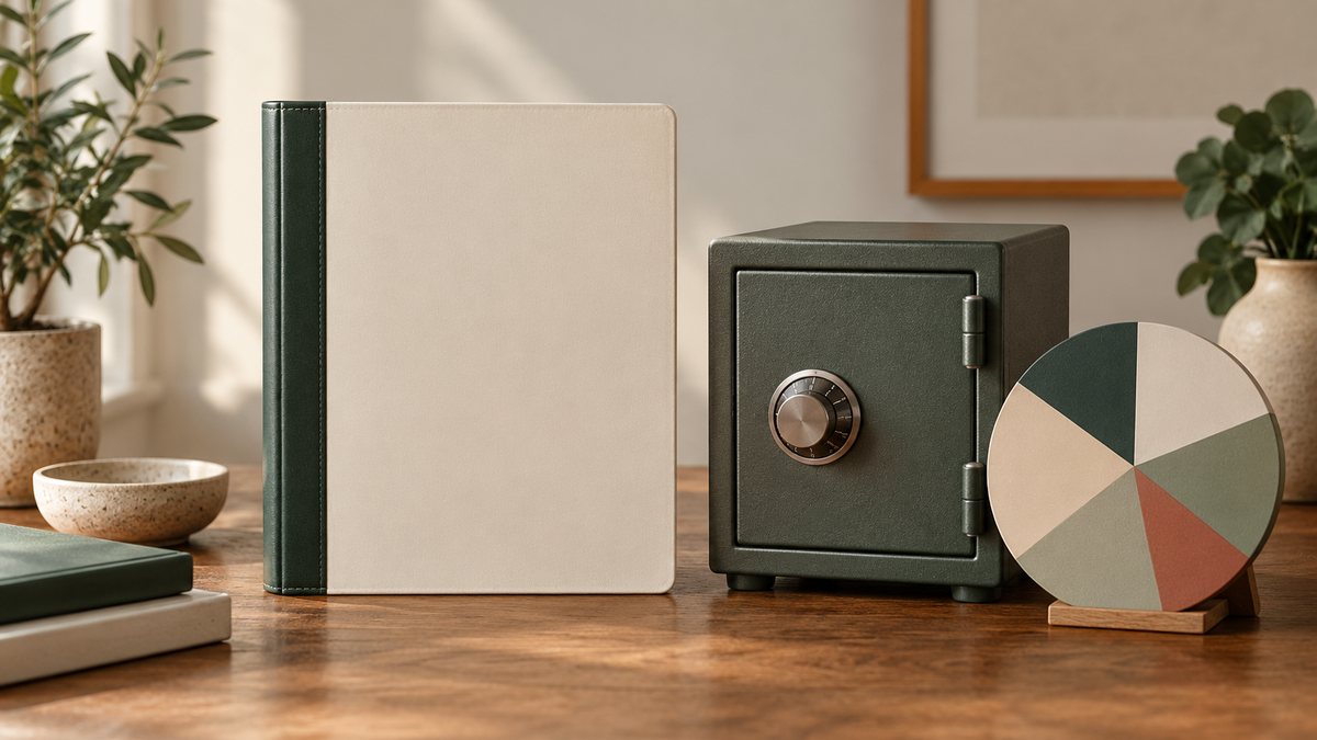 A savings binder, metal storage box and blank allocation wheel.